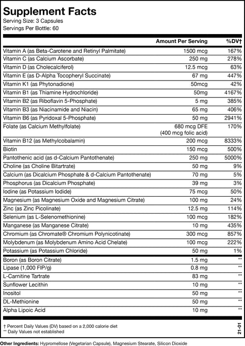 The supplement facts, serving size, and servings per bottle for UNI KEY Health's Advanced Daily Multivitamin.